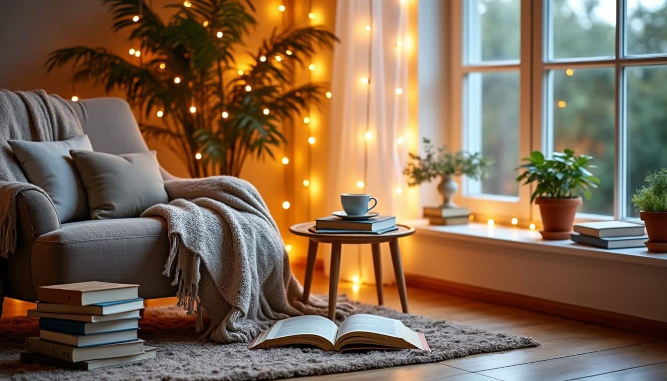 Inspiration pour décorer un coin lecture avec une guirlande murale